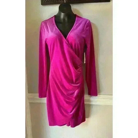 NWT Intempo Bright Pink Velvet Long Sleeve Dress Women's Size Small - Picture 2 of 7